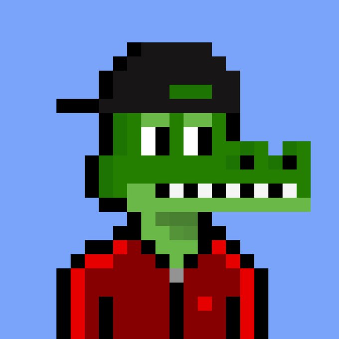 A pixel art illustration of a green crocodile character wearing a black cap backwards and a red jacket against a blue background.