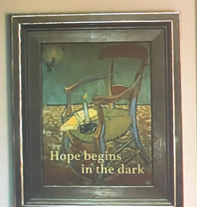 A framed print of Van Gogh's "Gauguin's Chair" features the caption "Hope begins in the dark," symbolizing a turning point after hardship—mirroring the post's message that after a difficult "dark year," Stellar Lumens ($15) will rally toward $15 by October 31.