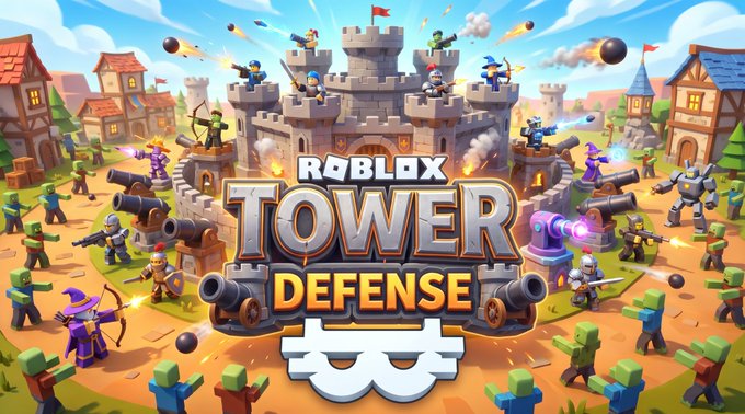 The image features a poster for a video game called "ROBLOX TOWER DEFENSE". The poster showcases an exciting scene of a battle between two towers, with numerous soldiers engaged in combat. There are at least 14 people visible in the image, each playing their role in the ongoing war. The players' weapons include guns and swords, indicating that this is a strategy-based game where teamwork and coordination are essential for success. The poster also includes text that reads "ROBLOX TOWER DEFENSE", which is likely the title of the game, and "Daily Rewards implemented Balance improvements completed Performance optimizations added New visual systems integrated Gameplay upgrades deployed Our tower defense experience is becoming bigger". This suggests that the game has been updated with new features to enhance gameplay and provide a more immersive experience for players.