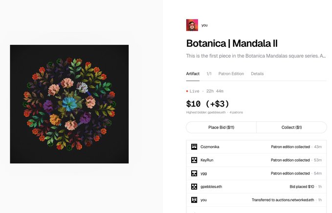 A screenshot of a digital auction page for 'Botanica | Mandala II,' showing a colorful floral mandala artwork, a live auction ending in 22h 44m, current bid at $10 (+$3), and a list of recent bids and patron edition collections.