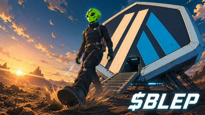 A green-skinned alien in a black tactical suit strides confidently across a rugged alien landscape toward a futuristic blue-and-white building, with the text "$BLEP" displayed prominently in the bottom right corner—visually reinforcing the post's promotion of $BLEP as a low-cap, agent-driven play within the Virtuals Protocol ecosystem.