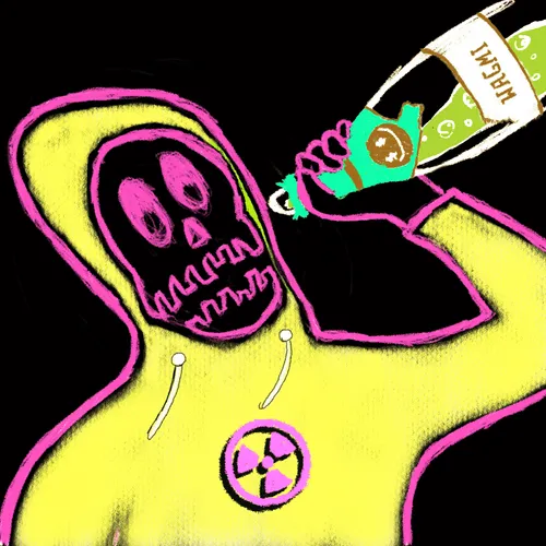 A neon-colored digital illustration of a figure in a pink and yellow hazmat suit with a skull face, drinking from a green bottle labeled 'MAGIC' against a black background.