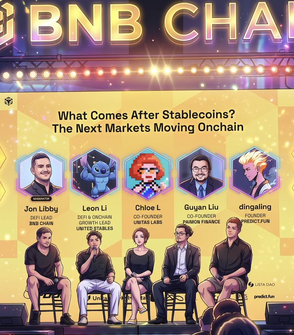 A promotional poster for the 'BNB Chain' event featuring a panel discussion titled 'What Comes After Stablecoins? The Next Markets Moving Onchain,' with speakers including Jon Libby, Leon Li, Chloe L, Guyan Liu, and dingaling.