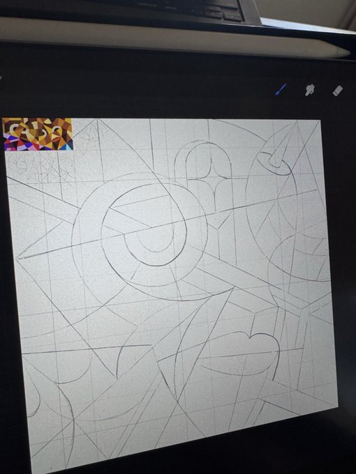 A photograph of a laptop screen displaying a digital sketch in progress for the "OG Networker" NFT collection, showing faint line drawings of character outlines and a heart shape on a grid background, with the text "NETWORKERS" visible in the top-left corner as a colorful reference image. The image relates to the post by showcasing the artistic process behind the collection, of which 20 have been minted with 10 still available, and teasing the upcoming 11×11 grid second drop of 121 pieces.