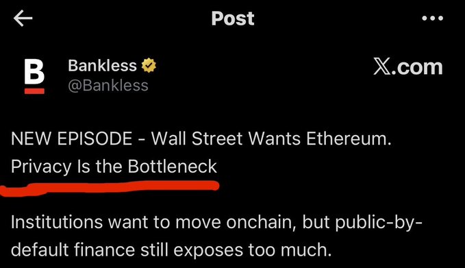 A dark-themed X (Twitter) post from @Bankless titled 'NEW EPISODE - Wall Street Wants Ethereum. Privacy Is the Bottleneck' with 'Privacy Is the Bottleneck' underlined in red.