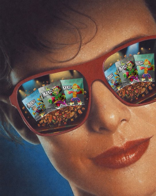 A vintage-style close-up of a woman's face wearing red sunglasses that reflect boxes of 'CooKED' cereal with cartoon characters.