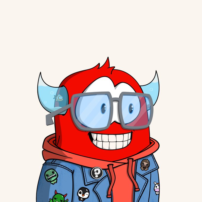 A cartoon illustration of a red devil character wearing large glasses and a denim jacket decorated with various patches and pins.