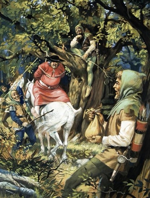 A historical painting depicting an outdoor scene with a man in red riding a white goat in a forest, surrounded by other figures including archers in trees and a robed man holding a pouch.