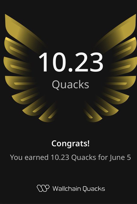 The image features a post celebrating someone who has earned 10.23 Quacks by a week for a month of June 5, with an impressive display of gold and black wings, symbolizing their achievement. The post also encourages users to connect more meaningfully as it values quality over quantity when looking at data in the leaderboard or discussions around it on Wallchain.