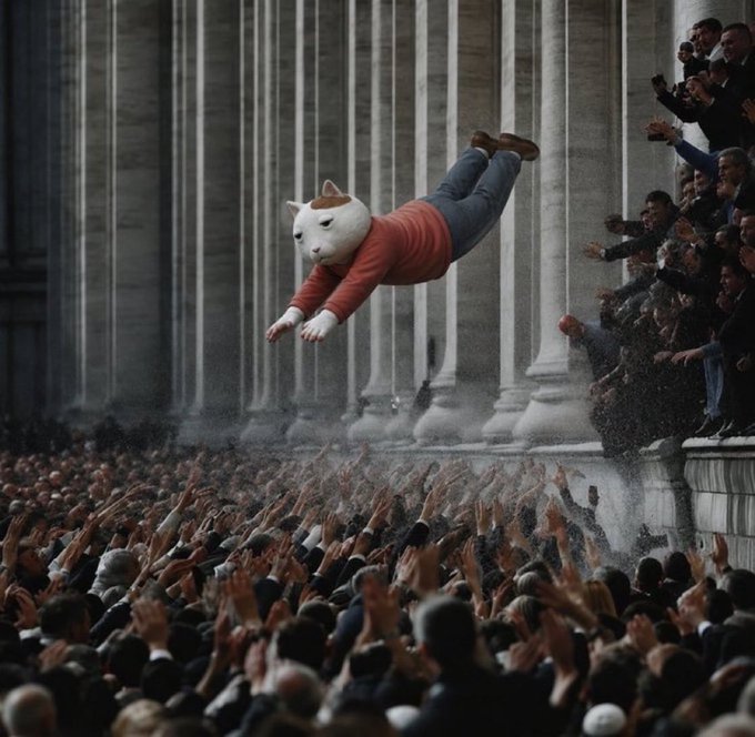 An AI-generated surreal scene of a figure with a Shiba Inu dog head wearing a red shirt, being crowd-surfed above a large audience of cheering people in suits.