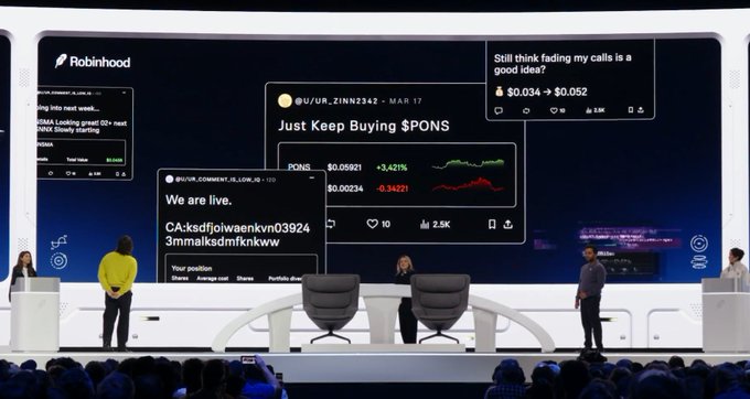 A presentation stage at a Robinhood event displaying large screens with various social media posts and crypto content, including tweets saying "Just Keep Buying $PONS" and "Still think fading my call is a good idea?" with multiple speakers on stage.