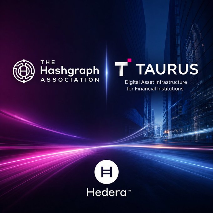 Promotional graphic featuring logos for "The Hashgraph Association," "Taurus" (described as "Digital Asset Infrastructure for Financial Institutions"), and "Hedera" set against a neon-lit urban night background, illustrating the integration partnership that allows banks using Taurus to access Hedera's full technology stack—including HBAR custody, staking, tokenization, and smart contracts—all from one platform.