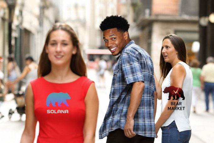 A 'distracted boyfriend' meme where a man is looking back at a woman in a red 'SOLANA' shirt while walking with his partner in a 'BEAR MARKET' shirt.