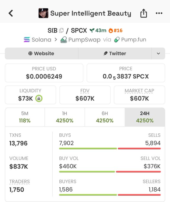 A cryptocurrency tracking page displays the token 'Super Intelligent Beauty' (SIB/SPCX) on the Solana blockchain via PumpSwap, showing a price of $0.0006249 and a 24H increase of 4250%.