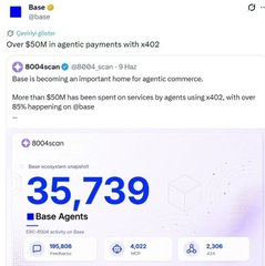 The image shows an X (Twitter) post from Base (@base) reporting that over $50M in agentic payments have been made using x402, with an attached chart from @8004scan indicating that 35,739 Base ecosystem agents have been onboarded. The post reinforces the caption's theme of Base aggressively promoting the Agent + x402 initiative ahead of a potential $BASE airdrop.