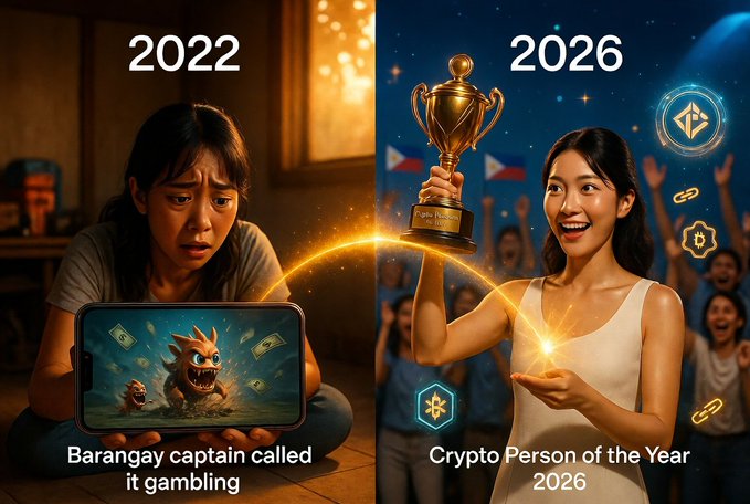 The image shows a comparison between two different scenarios, with one being about a girl named Angay who won a contest at the year 2026, while the other depicts her as a Crypto Person of the Year in 2021. The girl was referred to as "my barangay captain" and "my savings called it gone when the game crashed in 2026." This implies that she has been involved in various gaming activities over time, which led to her winning the contest at 2026. On the other hand, the girl is now being recognized for her achievements in cryptocurrency, as indicated by the post. The image highlights how gaming and digital assets have evolved over the years and how people's interests can change with advancements in technology.