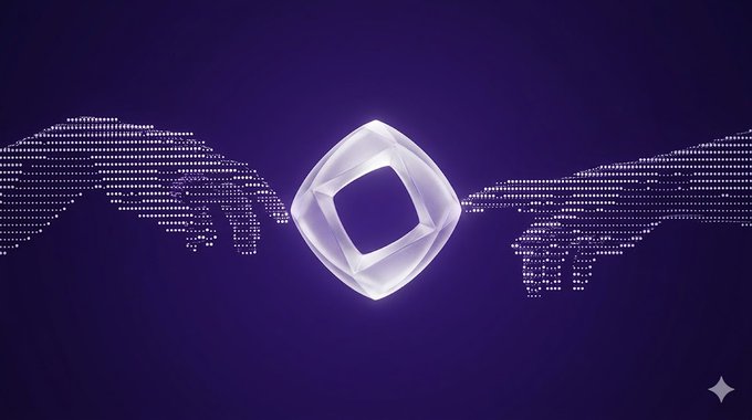 A purple background featuring a glowing white 3D cube logo in the center, flanked by two dotted world map shapes resembling wings.