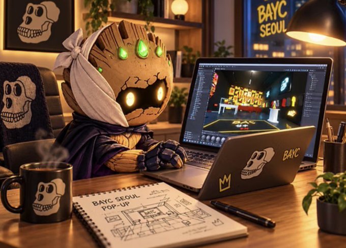 An AI-generated scene shows a Groot-like character wearing a headband working on a laptop displaying 3D modeling software, with 'BAYC SEOUL POP-UP' notebook and skull-themed merchandise on the desk.