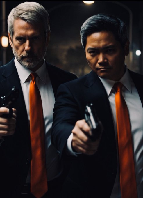 Two men in black suits with orange ties point handguns at the camera in a dimly lit setting, their serious expressions complementing the post's defiant "Reposting Saylor until I get a like day 45. All in $MSTR" message of dedication and conviction toward MicroStrategy stock.