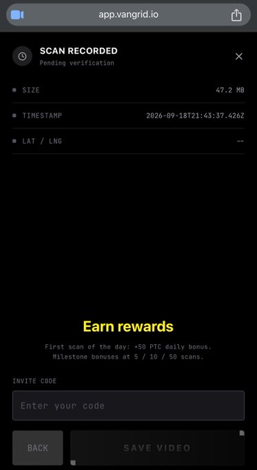 A mobile app screen from 'app.vangrid.io' shows a 'SCAN RECORDED' status with a file size of 47.2 MB and a timestamp, offering an 'Earn rewards' invite code section.