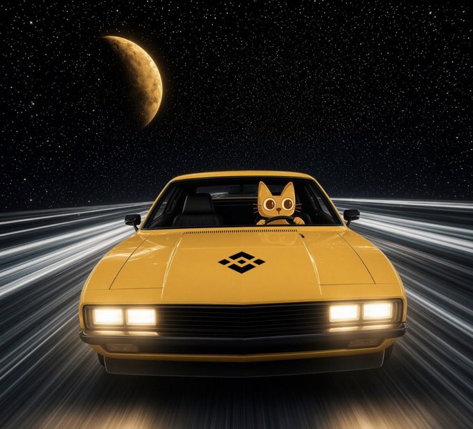 A yellow sports car with a Binance logo on its hood drives through a stylized cosmic landscape with a moon and starry sky, while an orange cat sits in the driver's seat.