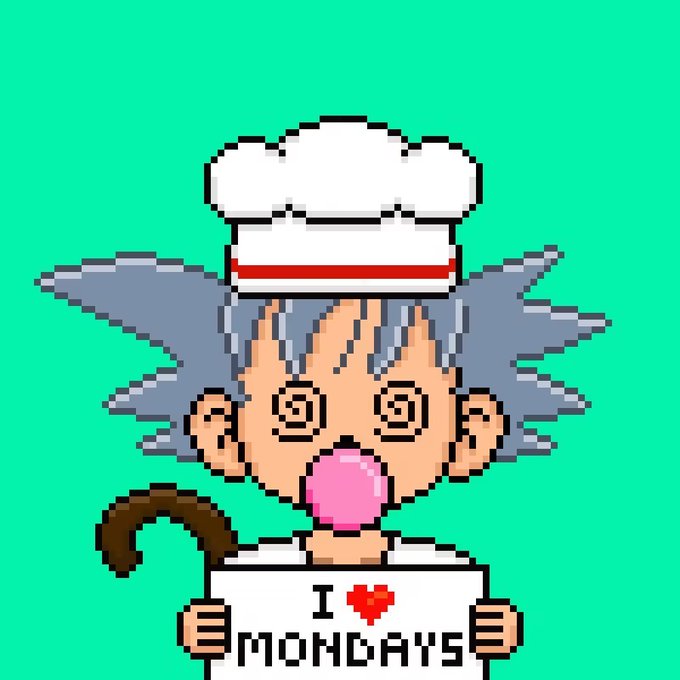 Pixel art of a grey-haired anime character with swirly eyes wearing a chef hat and holding a sign that says 'I ❤ MONDAYS'.