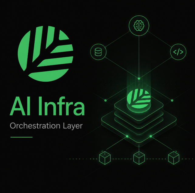 Promotional graphic for 'AI Infra Orchestration Layer' featuring a green logo with a network diagram showing connections between AI, database, and code icons.