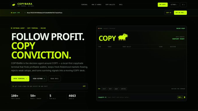 Screenshot of the COPYBARA website showing its landing page with the tagline "FOLLOW PROFIT. COPY CONVICTION." and a terminal interface mockup displaying metrics like 100+ Robinhood wallets, 50+ markets, 5 turn walls, and 4663 live wall price.