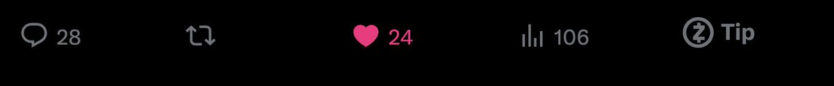 A music app interface bar showing 28 comments, a retweet button, 24 likes (in pink), 106 plays, and a "Tip" option.