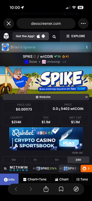 A screenshot from dexscreener.com showing the SPIKE token (Brian's Iguana) on Uniswap v4, priced at $0.001173, with a market cap of $1.1M and promotional banners for Rainbet crypto casino.