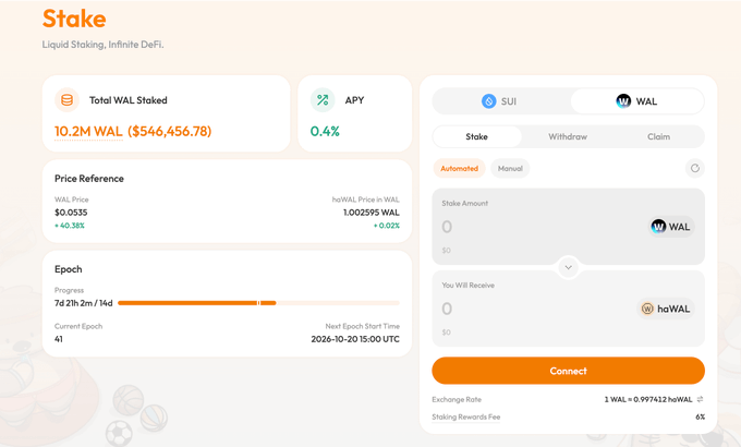 A staking dashboard for "Stake" showing 10.2M WAL ($546,456.78) total staked at 0.4% APY, with current epoch 41 ending 2026-10-20.