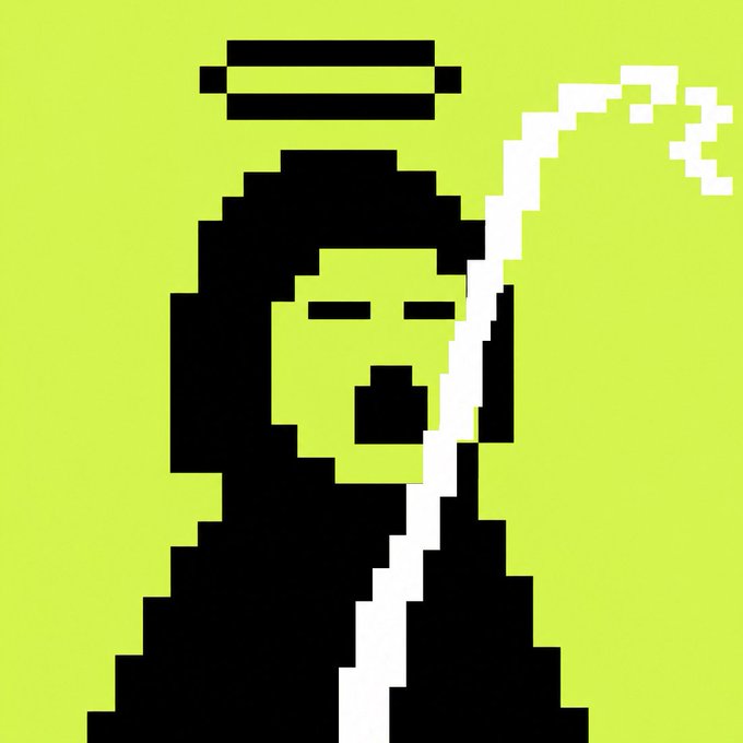 A pixelated black-and-white figure with a halo floats against a bright yellow-green background, holding a white staff with a hook at the top.