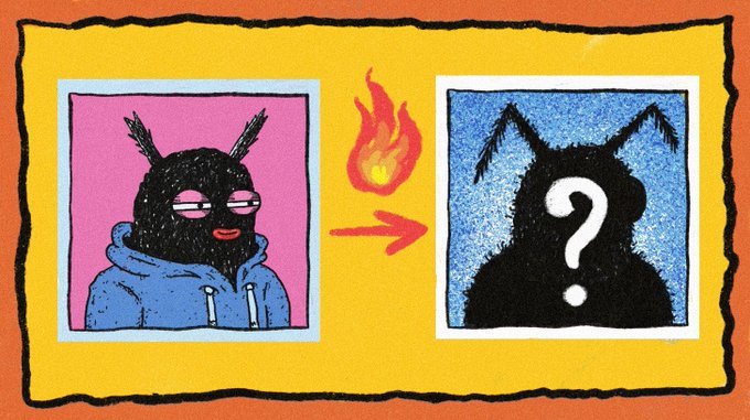 A cartoon-style illustration on an orange and yellow background showing a hooded insect-like character on the left being transformed (indicated by a fire emoji and arrow) into a silhouetted version with a question mark on the right.