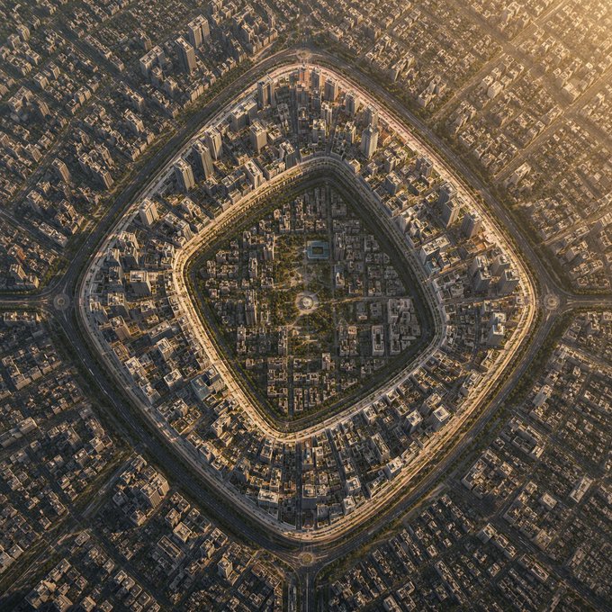 An aerial view of a city with a distinctive geometric pattern of roads forming a diamond/hexagonal shape around a central park area, bathed in golden sunlight.