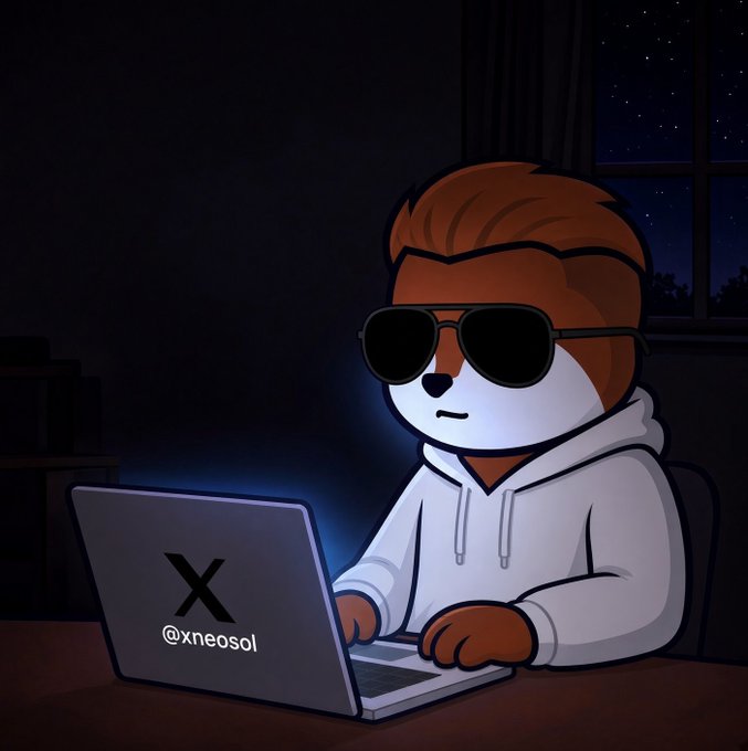 A cartoon illustration of a brown and white dog wearing sunglasses and a white hoodie, typing on a laptop that displays an 'X' logo and the handle '@xneosol'.