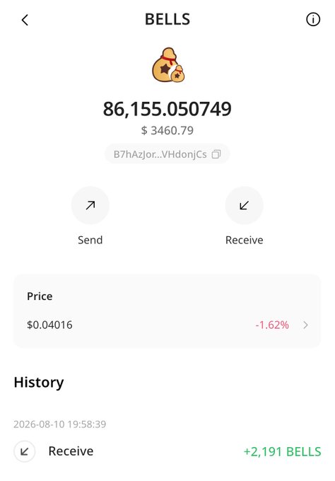 A cryptocurrency wallet screen showing a balance of 86,155.050749 BELLS tokens, valued at $3460.79, with a current price of $0.04016 (down 1.62%). The address begins with 'B7hAzJor' and history shows a recent receive transaction of +2,191 BELLS.