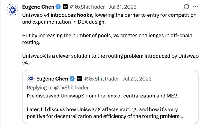 A tweet by @0xShitTrader (Eugene Chen) dated July 21, 2023 explains how Uniswap v4 introduces hooks and off-chain routing challenges, positioning UniswapX as a solution.