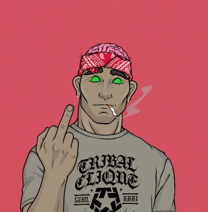 A digital illustration of a man with a red bandana revealing his brain, glowing green eyes, and a cigarette, making a middle finger gesture while wearing a "Trap House Est. 1989" t-shirt against a pink background.