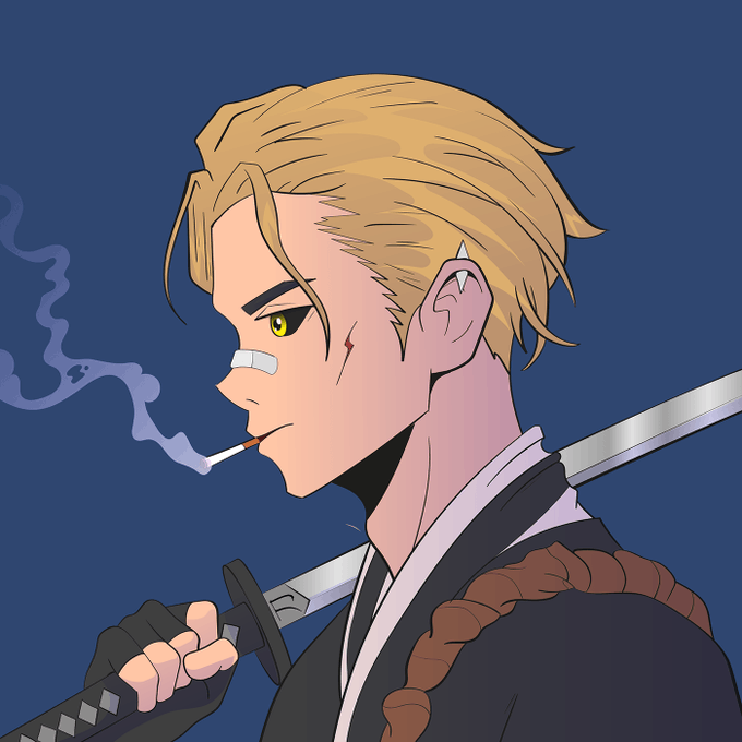 Anime-style side profile illustration of a blond swordsman with a scar on his cheek, wearing traditional dark clothing and holding a katana while smoking a cigarette.