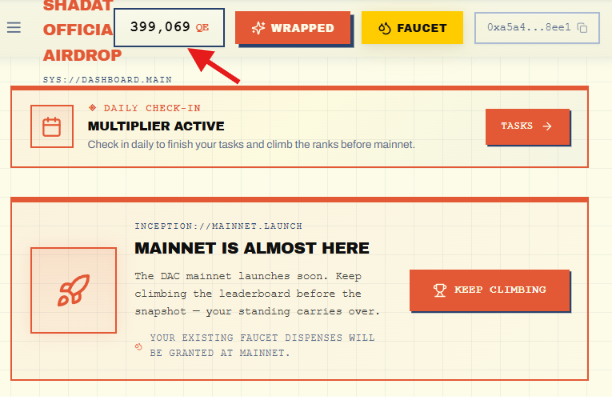 A screenshot from the DAC Chain dashboard showing 399,069 QE points accumulated, alongside a "Daily Check-In Multiplier Active" task reminder and a "Mainnet is Almost Here" announcement, visually confirming the user's progress update.