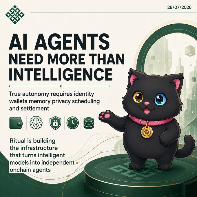 A promotional graphic titled 'AI AGENTS NEED MORE THAN INTELLIGENCE' dated 28/07/2026, featuring a cute black cartoon cat with heterochromia (one gold, one blue eye) wearing a pink collar with a coin tag, alongside text about 'Ritual' building infrastructure for onchain agents.
