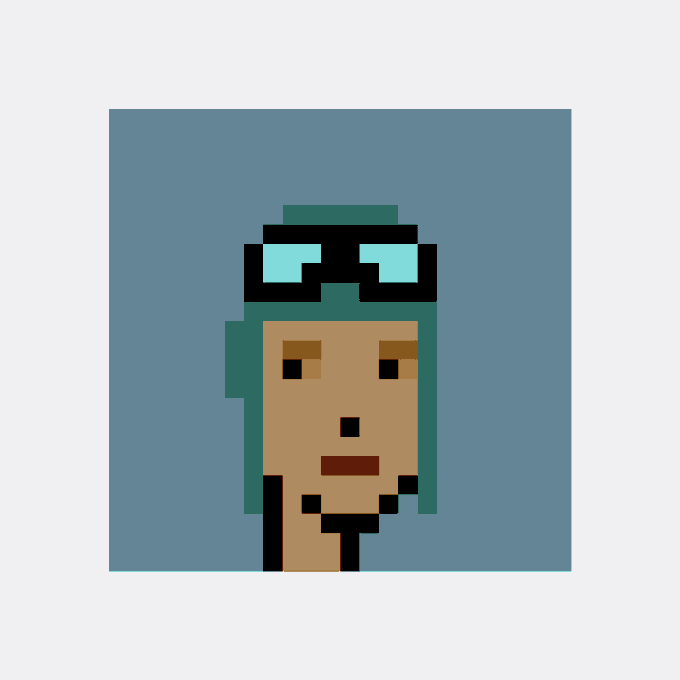 A pixel art portrait of CryptoPunk #1438, featuring a tan-skinned character with long dark hair and teal goggles perched on their forehead against a blue background.