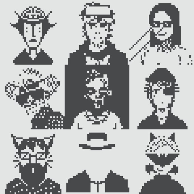 Pixel art illustration featuring 8 stylized character portraits in black and white, including figures with hats, glasses, and various hairstyles arranged in a grid pattern.