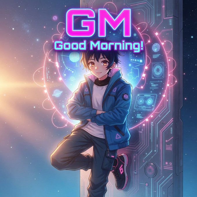An anime-style illustration of a young man with dark hair wearing a blue jacket, leaning against a futuristic wall with glowing neon graphics, overlaid with large pink and blue text reading 'GM Good Morning!'.