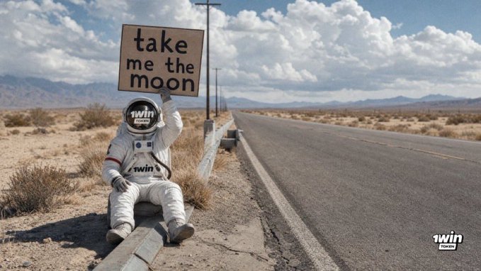 An astronaut in a white spacesuit with '1win' branding sits on the side of a desert road holding a cardboard sign that reads 'take me the moon', with the 1win logo in the corner.