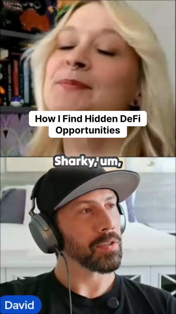 The image shows a man wearing headphones, with a caption below him that reads "How I find hidden DeFi opportunities. Sharky?: umm...?". The caption also includes an image of a woman's face with her eyes closed.