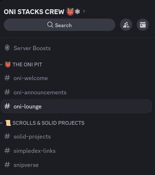 The image shows a computer screen with a list of server boosting options displayed, including "The ONI Pit", "Oni-lounge", and "Scrolls & Solid Projects". The text also mentions that this server boosting option is for the "ONI Stacks Crew" group on the Discord server.