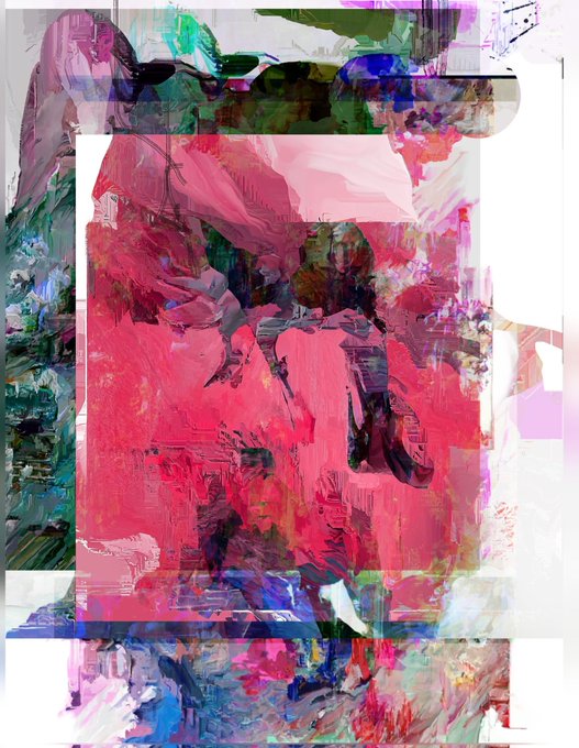 Abstract digital painting featuring vibrant pink, purple, and teal brushstrokes layered with semi-transparent rectangular frames.