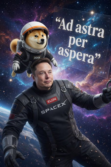 The image features a man dressed in a spacesuit, holding a sign that reads "Ad astra per aspera". This phrase translates to "starship for all" or "for everyone", suggesting that the poster promotes a universal space travel solution. The man is standing on a planet with stars and planets visible in the background, emphasizing the idea of exploring outer space together.