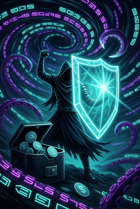 A dramatic digital illustration of a hooded figure wielding a glowing blue energy shield to block purple tentacles in a dark, swirling vortex of glowing digital code, standing near a treasure chest and scattered coins.